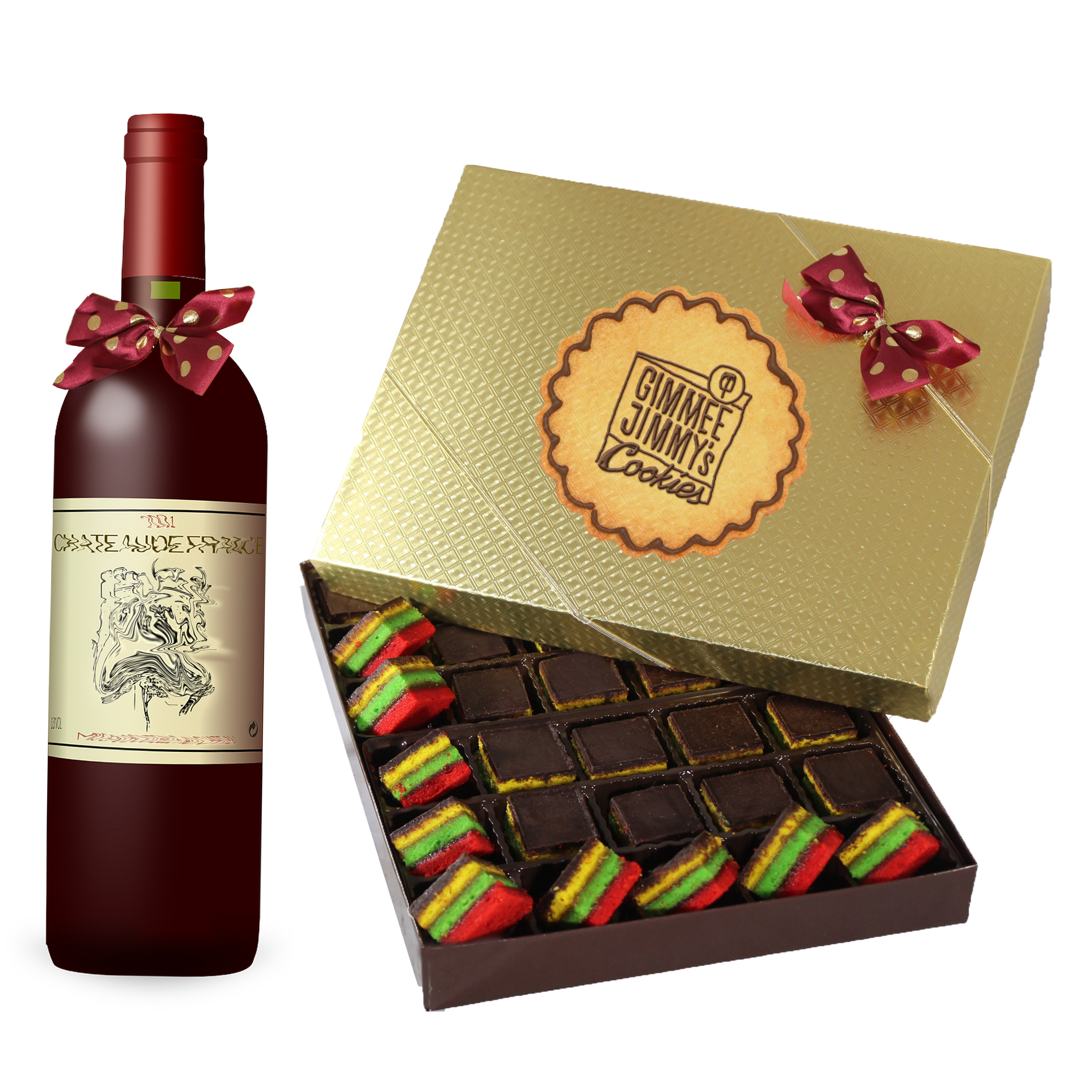 Fresh Baked Rainbow Cookies  30 Piece of Authentic Rainbow Cookies in a Beautiful Gift Box With Bow and Wine