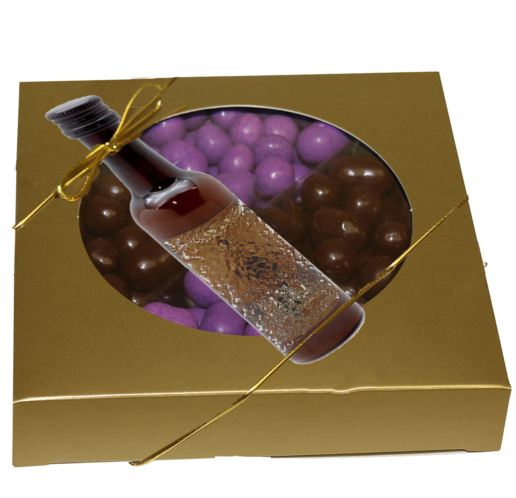 4 section assorted chocolates with a liquor in a beautiful Gold Box Display