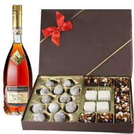 Gift Box filled with Assorted Brownies, Chocolate Covered Halvah and Truffles With a Bottle of Wine